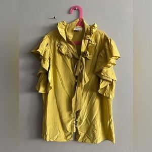 MILLY Mustard Yellow Silk Ruffle Sleeve Feminine Peasant Cottage Blouse Top 10